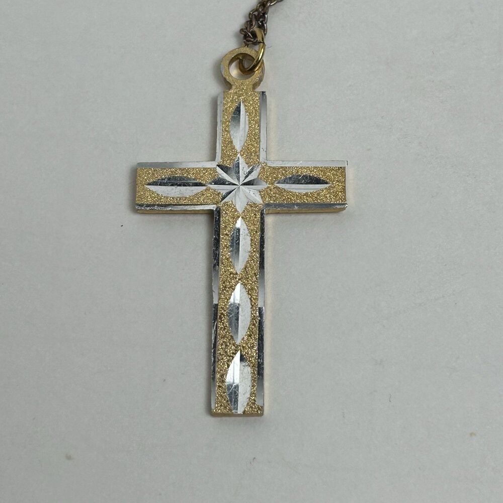 VTG Cross Pendant Charm Deco Style Bi Color Silver Gold Taiwan 1.75" x  1"